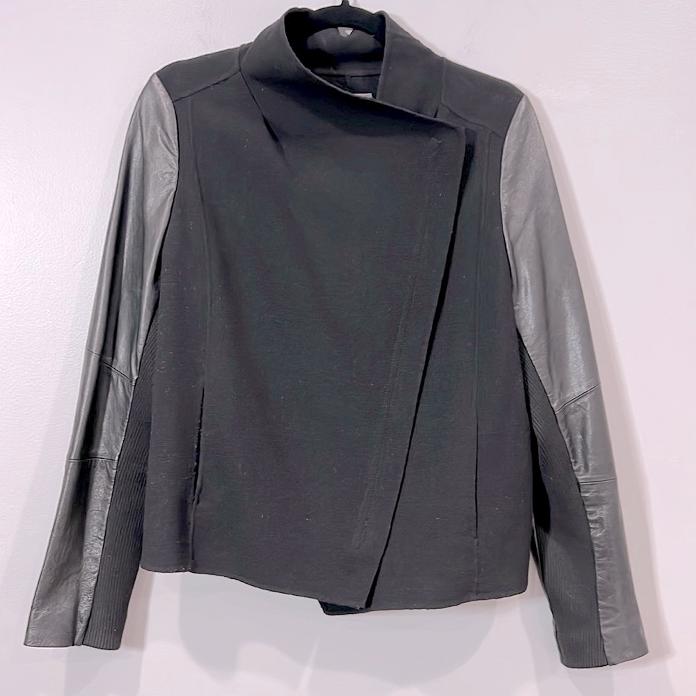 Vince Leather & Wool Mixed Media Black Motto Zip Jacket Knit Sweater Womens M 6 - Picture 3 of 16